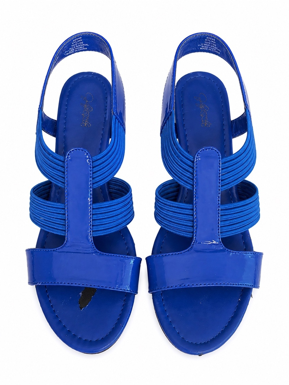 Jaclyn Smith Taylin Wedge Sandals Women 9M Blue Patent Elastic Strappy Slingback